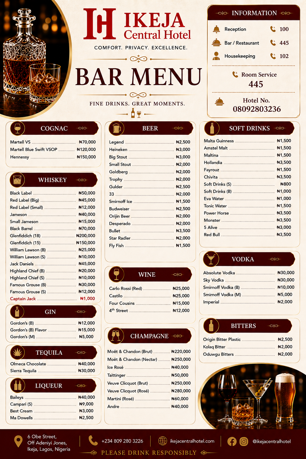 Ikeja Central Hotel bar menu: cognac, whiskey, gin, tequila, liqueur, beer, wine, champagne, soft drinks, vodka and bitters, with naira prices. Bar and room service intercom 445.