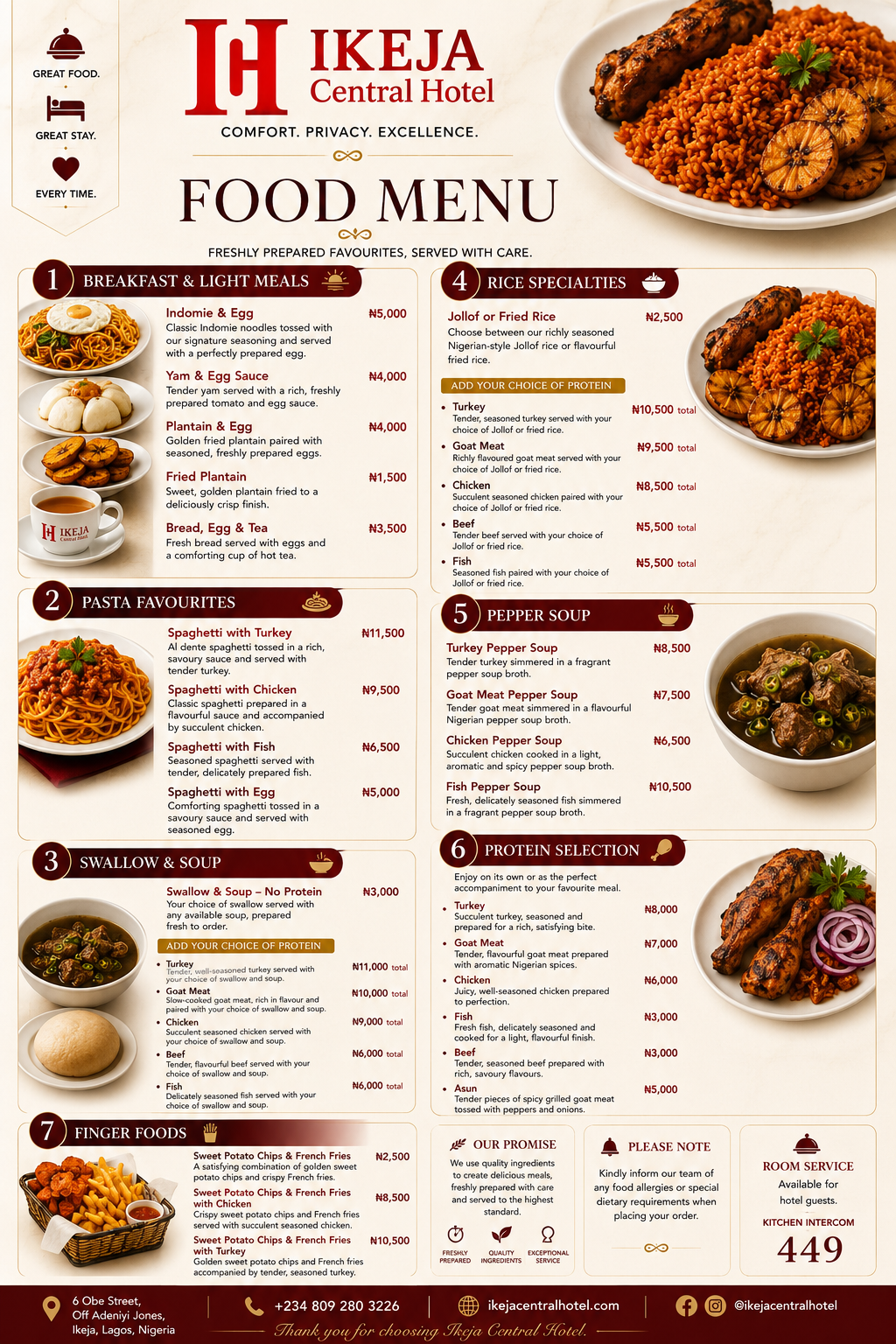 Ikeja Central Hotel food menu: breakfast, pasta, swallow and soup, rice, pepper soup, proteins and finger foods, with naira prices. Kitchen intercom 449.