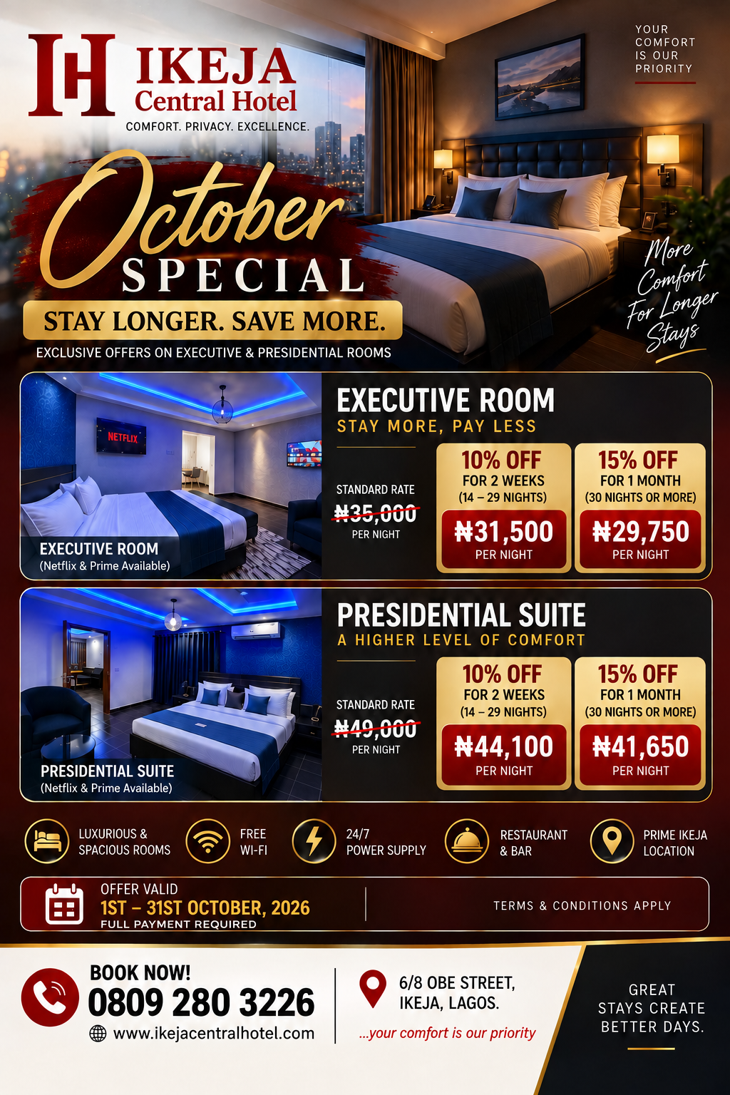 Ikeja Central Hotel October Special flyer: 10 percent off 14–29 nights and 15 percent off 30 nights or more, valid 1–31 October 2026.