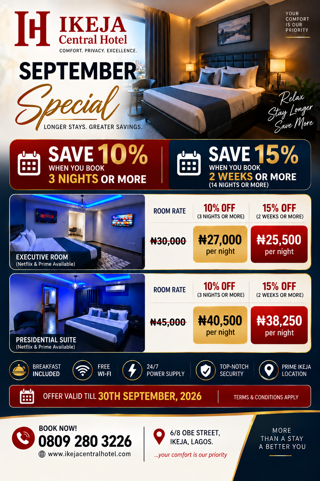 Ikeja Central Hotel September Special flyer: 10 percent off stays of 3 nights or more and 15 percent off stays of 2 weeks or more, until 30 September 2026.